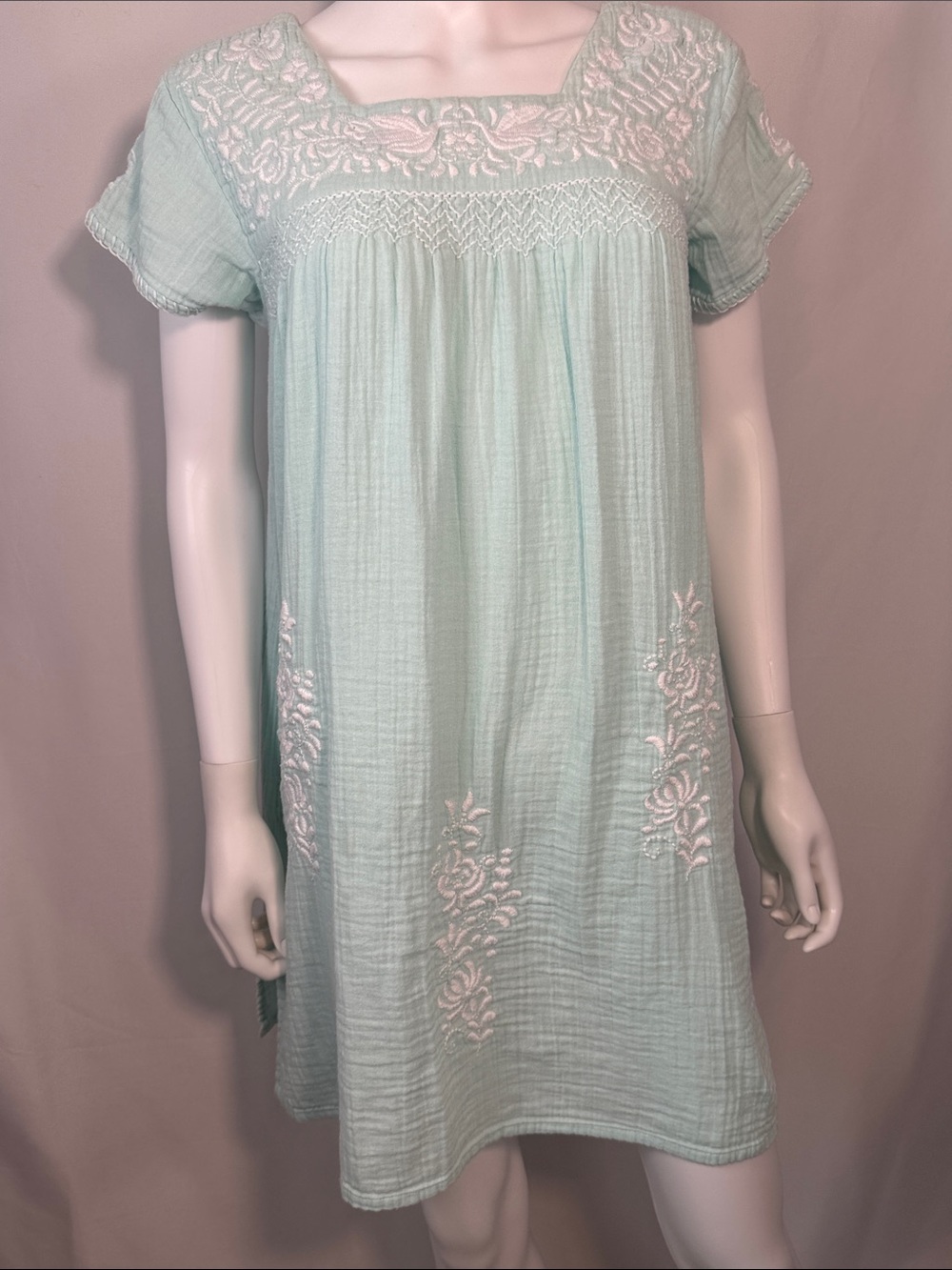 Sigrid Olson Beach to Bistro Mint Green Embroidered Peasant Dress S
